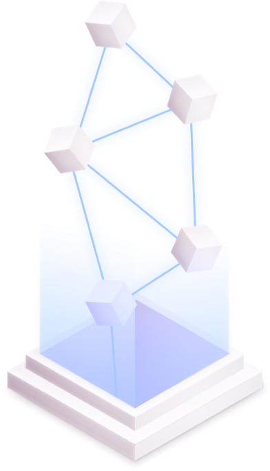 Abstract representation of a cube-based structure, with interconnected blocks and lines forming a network. The translucent blue blocks are connected in a stylized pentagon shape, set against a background of horizontal stripes in shades of blue, pink, and white, symbolizing digital connectivity and data integrity.