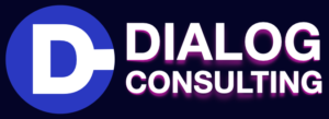 Logo of Dialog Consulting, featuring a bold blue circle with the letter 'D' in white, partially overlapped by a 'C' which is formed by the negative space within the 'D' and the circle's edge, creating a visual interplay between the two letters that symbolizes connectivity and dialogue.