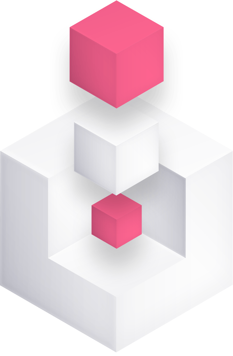 Isometric illustration of a white impossible structure resembling an M.C. Escher drawing, with two magenta cubes. One cube is floating above the structure casting a shadow, and the other is located inside the structure at a lower level, creating a visual puzzle.