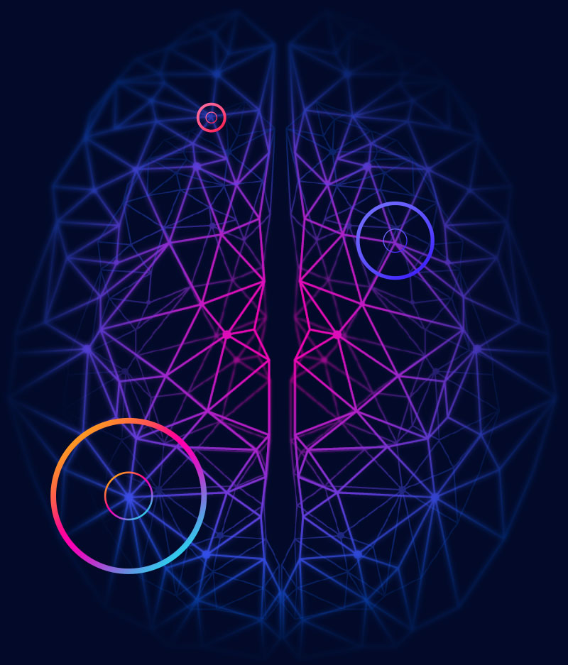 Digital brain visualization featuring a network of interconnected polygons in shades of blue and pink against a dark background. The geometric shapes are arranged to resemble the hemispheres of a human brain, highlighted with concentric neon rings at various nodes, suggesting neural activity or focal points.