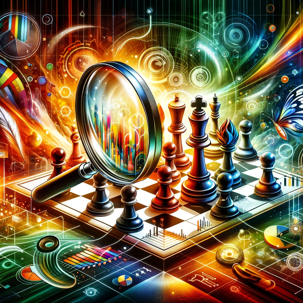 A colorful image of a magnifying glass in front of a chess board, conceptually illustrating analyzing the the competition.