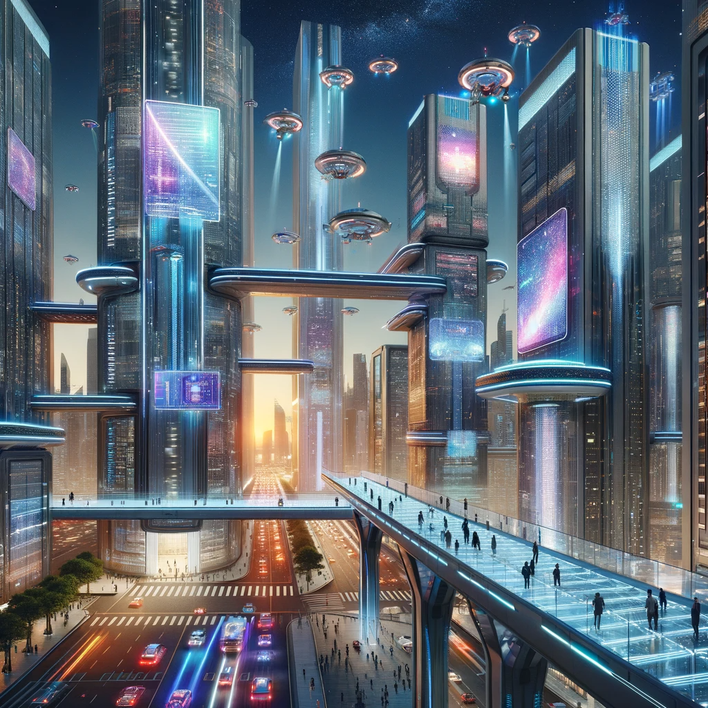 This image showcases a vibrant and advanced vision of the future. It features a futuristic cityscape at night, illuminated by bright neon lights and holographic billboards. Towering skyscrapers, a hallmark of modern architecture, are adorned with metallic and glass structures that shimmer in the city lights. The sky above teems with flying cars and drones, weaving through the buildings, while people traverse transparent, elevated walkways that connect these towering structures. The backdrop of a star-filled sky with a crescent moon adds to the scene's dynamic and futuristic aura.