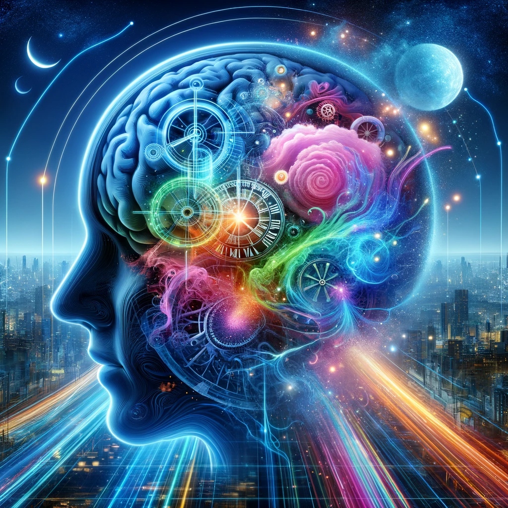 An image depicting a human brain engaged in the imaginative process of contemplating the implications of a future event as if it had already occurred. The brain is vibrantly colored in neon blue, pink, and green, resonating with the color scheme of the previous futuristic cityscape. One half of the brain is detailed and realistic, representing the tangible aspect of thought. In contrast, the other half transitions into an abstract realm, symbolizing the brain's capacity for foresight and retrospection. This abstract area is filled with intertwined elements like clock gears, light trails, and ethereal shapes, creatively illustrating the concept of time being explored and reimagined within the mind.